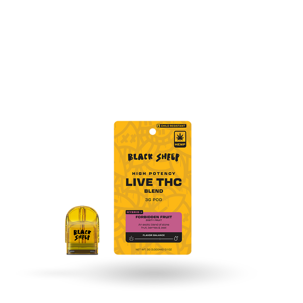 Black Sheep Forbidden Fruit THC blend pod refill, 3g, with vibrant packaging and product label for compatible vapor devices.