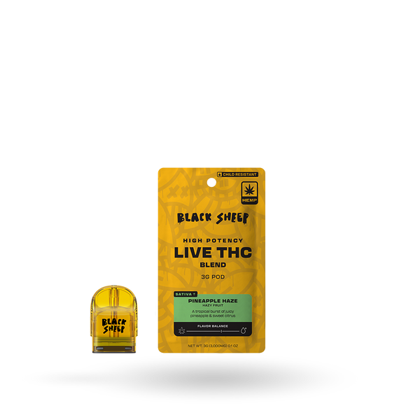 Black Sheep Live THC Blend Pod Refill in Pineapple Haze flavor, 3g, showcasing the refill pod with colorful packaging.