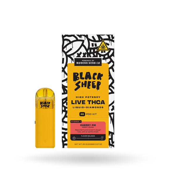 Black Sheep Liquid Diamonds Cherry Pie Hybrid Pod Kit with 2g of flavorful vape oil in a sleek starter kit.