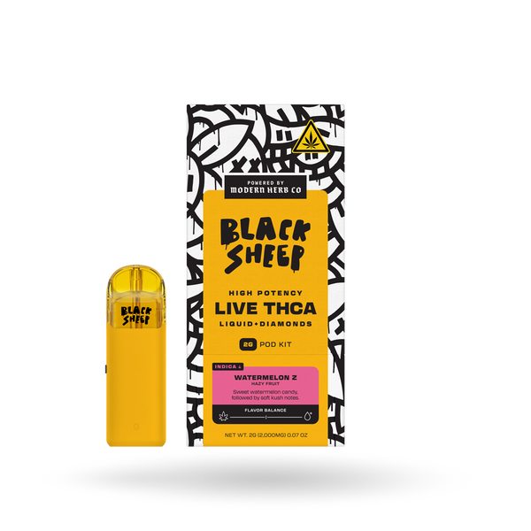 Black Sheep Liquid Diamonds Pod Kit Watermelon Z Indica 2g with colorful packaging and pod design for vaping.