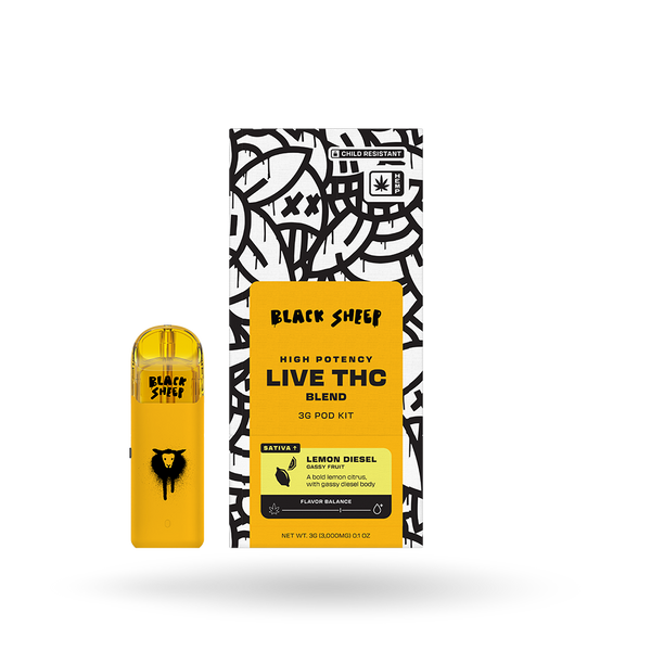 Black Sheep Live THC Blend Pod Starter Kit with Lemon Diesel flavor, 3g, featuring a sleek pod device and refillable pod system.
