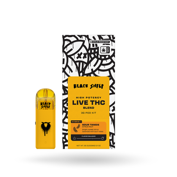 Black Sheep Live THC Blend Pod Starter Kit with Sour Tangie 3g, featuring a sleek pod device and colorful packaging.