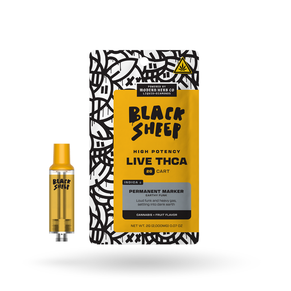 Black Sheep Liquid Diamonds vape cartridge with Indica Permanent Marker strain, 2g, featuring a sleek design and branding.