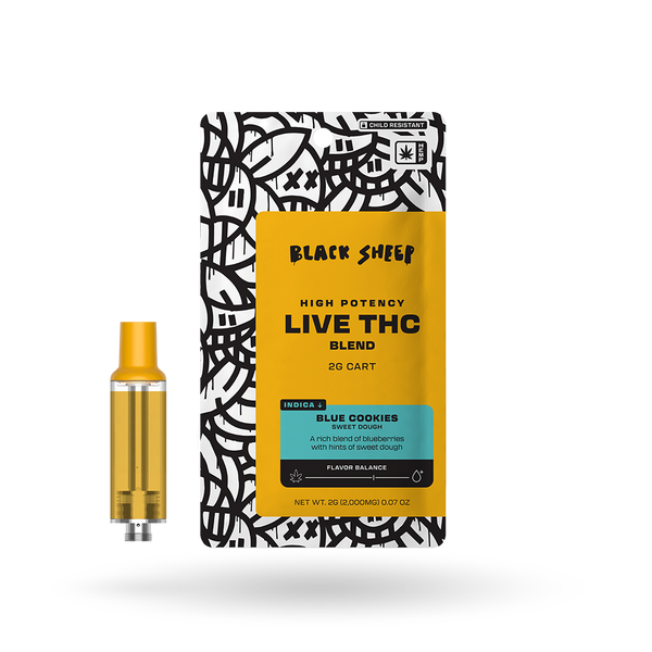 Black Sheep Live THC Blend Vape Cartridge in Blue Cookies flavor, 2g, featuring a sleek design and clear glass showcasing the product inside.