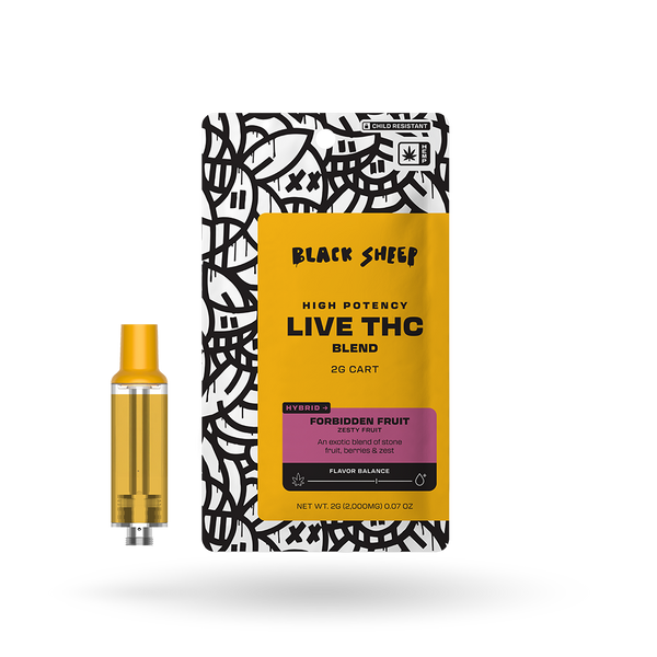 Black Sheep Live THC Blend Vape Cartridge in Forbidden Fruit flavor, 2g, showing the sleek black design and transparent glass body.