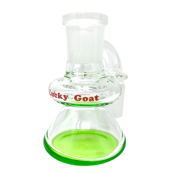 Lucky Goat 3-inch color glass ash catcher with 14mm and 18mm male joints, designed for dry use and ash filtration.