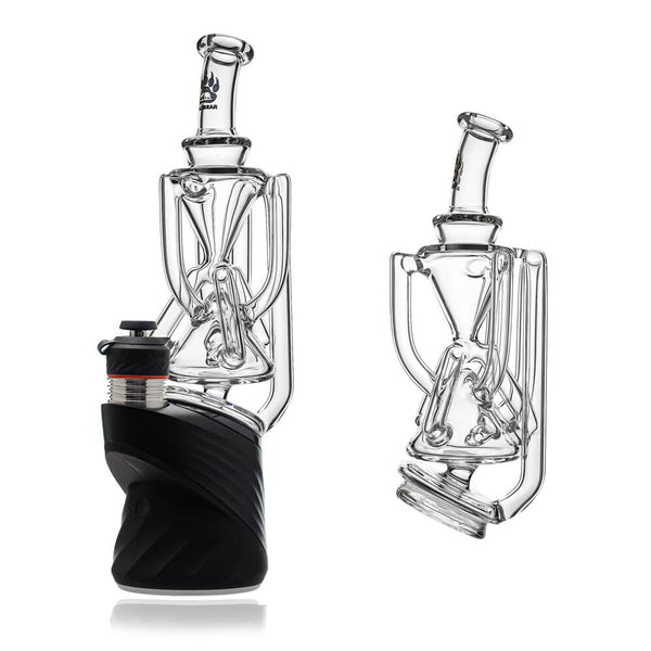 Calibear Tri-Cycler glass attachment for Puffco Peak OG and Pro, featuring a multi-chamber recycler design for enhanced vapor cooling.