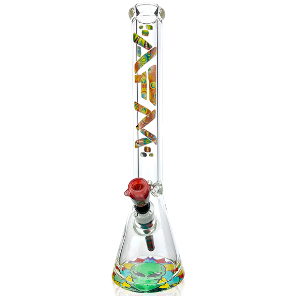 Colorful 18-inch AFM Smoke Color Blast 9mm Beaker Bong with clown design, featuring a sturdy glass construction and detailed artwork.