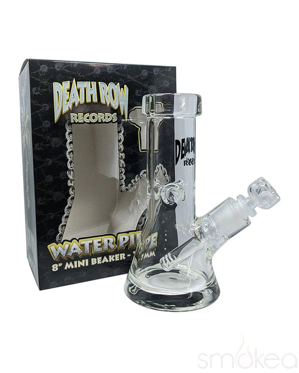 Death Row Records 7mm Mini Beaker Bong showing clear glass construction and compact design, ideal for dry herb use.