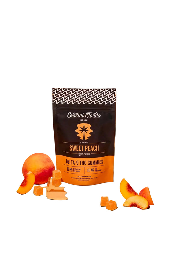 Coastal Clouds Sweet Peach vape pods by East Atlanta Village Smoke, Vape, and CBD, featuring 20 peach-flavored nicotine pods.
