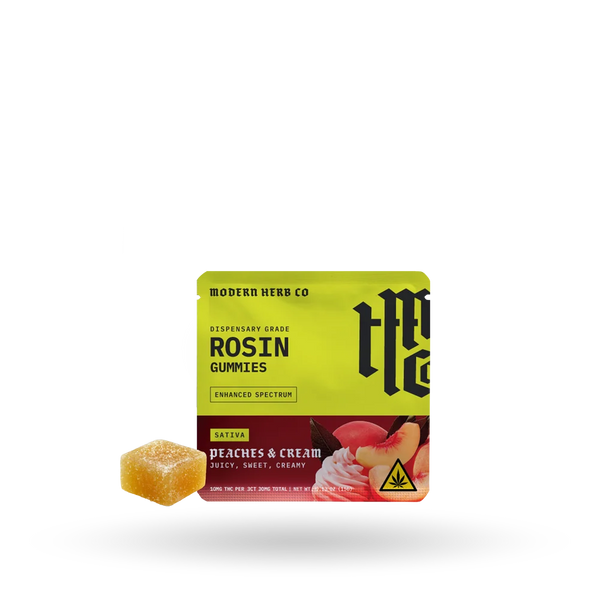 Modern Hemp Co. Peaches & Creme Sativa 3-pack featuring hemp flower buds with orange and green hues, labeled for East Atlanta Village.