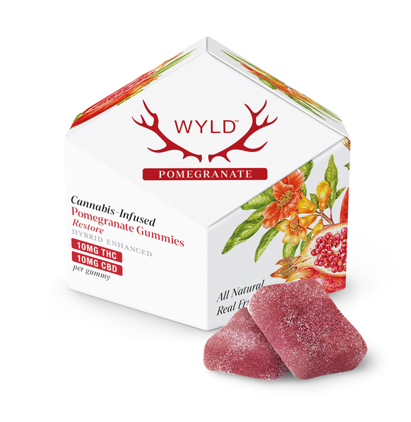 Wyld Pomegranate 'Restore' CBD edible from East Atlanta Village Smoke, Vape, and CBD, featuring pomegranate-flavored gummy.