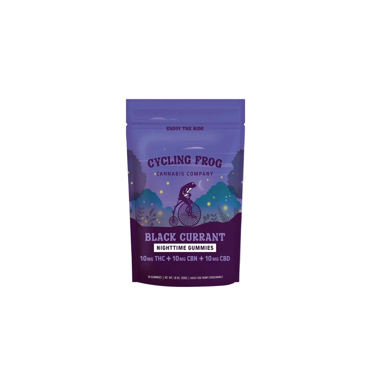 Cycling Frog THC+CBN Gummies in black currant flavor, displayed in a clear container with gummies visible, by East Atlanta Village Smoke.