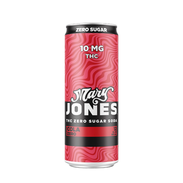 Mary Jones THC Cola Zero Sugar drink bottle with sleek design, showing the product label and branding.