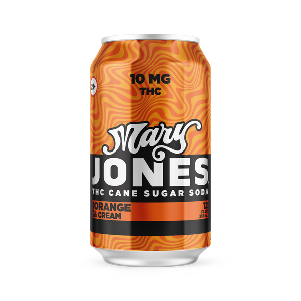 Mary Jones THC Drink in Orange Cream flavor, featuring a vibrant orange and cream-colored beverage in a clear glass.