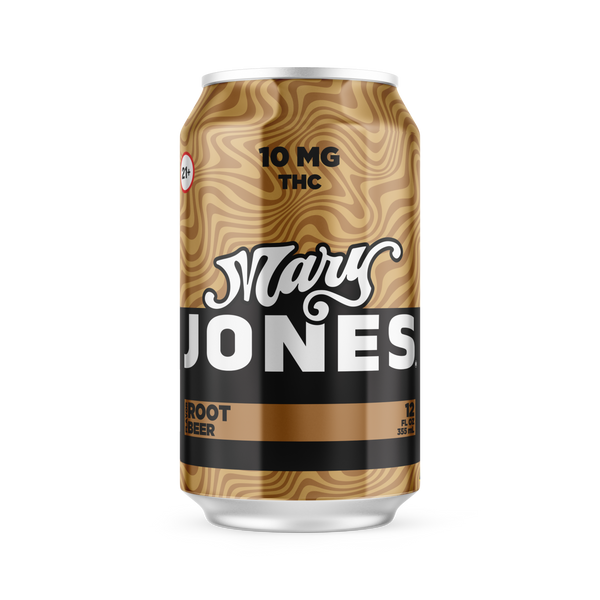 Mary Jones THC Root Beer drink from East Atlanta Village Smoke, Vape, and CBD, showing a bottle with root beer flavor on a table.