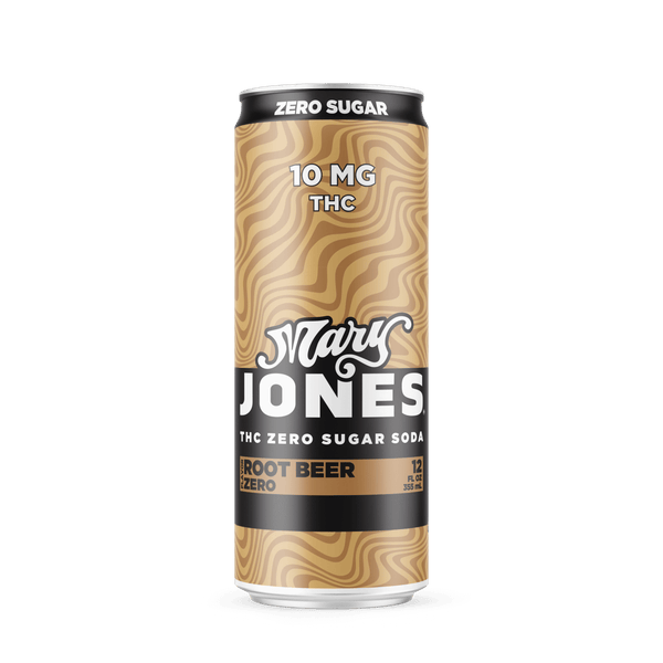 Mary Jones THC Root Beer Drink with Zero Sugar, in a can, displayed on a table with a glass filled with the beverage.