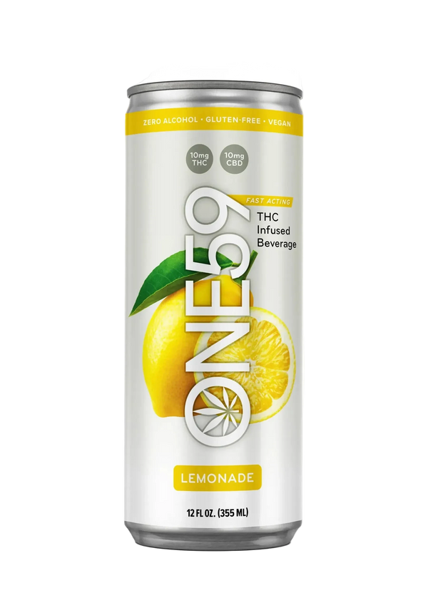 East Atlanta Village One59 Lemonade THC-infused drink with 10mg THC, featuring a refreshing lemon beverage in a clear bottle.