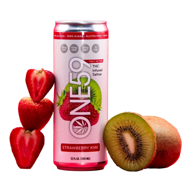 East Atlanta Village One59 Strawberry Kiwi THC-infused drink with 10mg THC, featuring a vibrant strawberry and kiwi flavor.