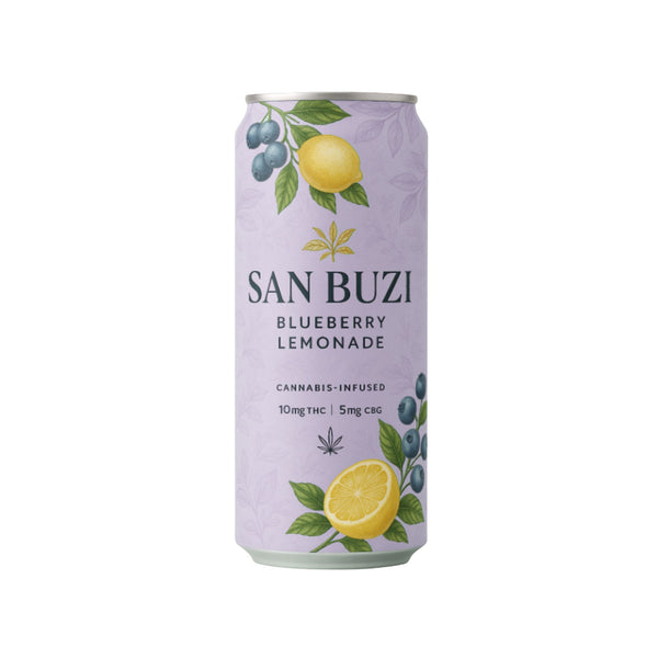 San Buzi Blueberry Lemonade THC-infused drink in a clear bottle with a colorful label, featuring blueberries and lemons.