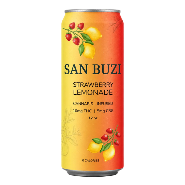 San Buzi Strawberry Lemonade THC-infused drink by East Atlanta Village Smoke, Vape, and CBD, showing a vibrant bottle of flavored lemonade.