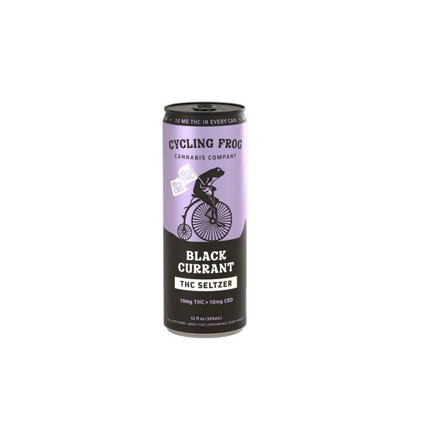Six-pack of Cycling Frog Black Currant THC Seltzer by EAV Smoke & Vape showing colorful cans with black currant flavor branding.