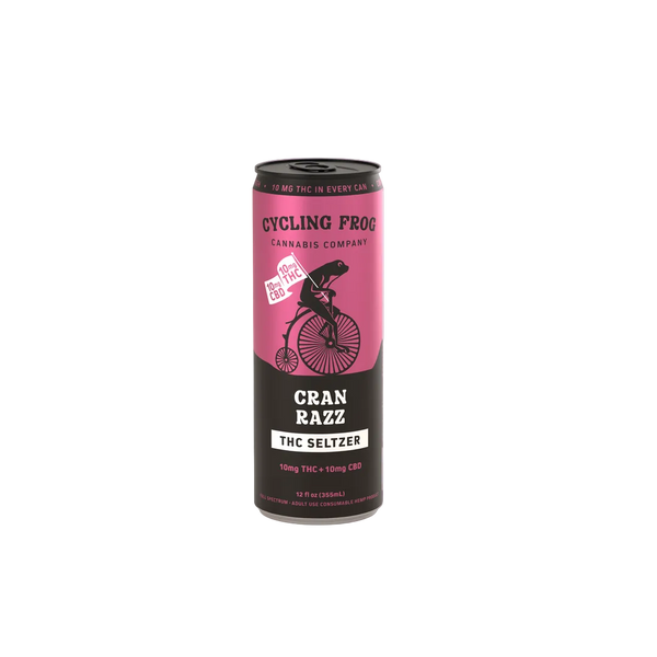 Six-pack of Cycling Frog Cran Razz THC Seltzer by EAV Smoke & Vape, featuring colorful cans with cranberry and raspberry flavor design.
