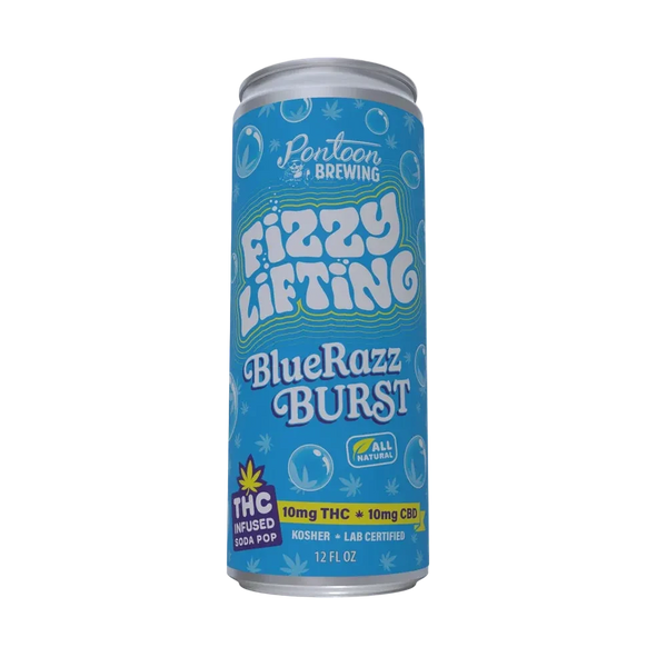 EAV Smoke & Vape Fizzy Lifting by Pontoon Brewing Blue Razz Burst e-liquid 6-pack bottles on a white background