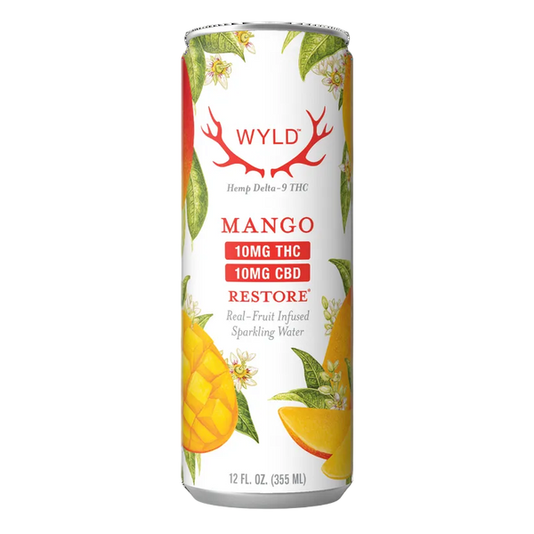 EAV Smoke & Vape Wyld THC Mango drink can with bright mango flavor label and colorful packaging.