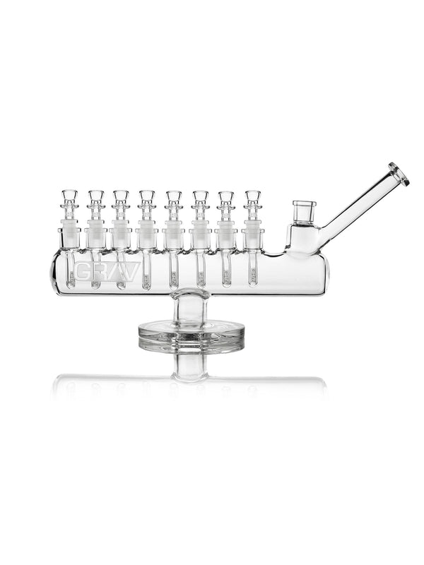 GRAV Clear Menorah bong with a modern menorah design, transparent glass body, and intricate detailing.