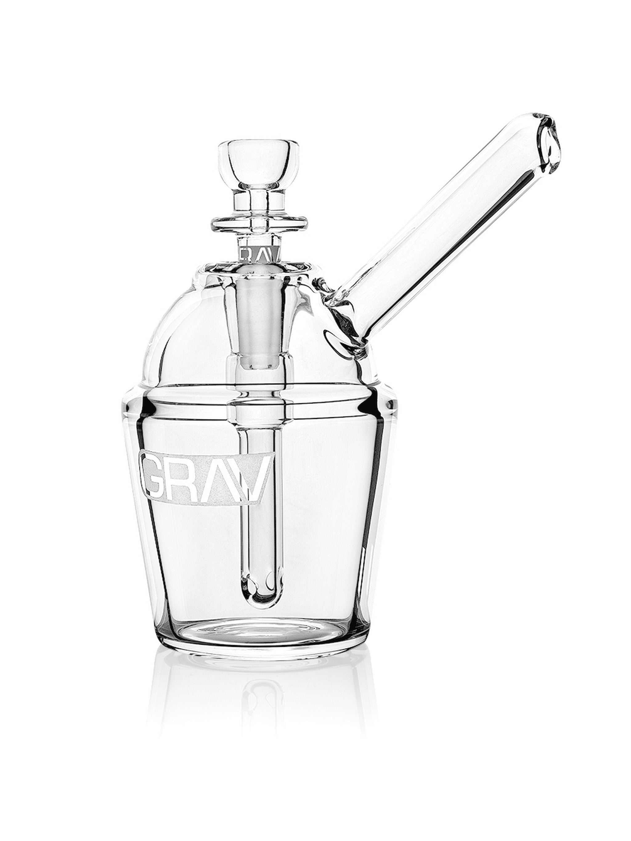 GRAV Slush Cup Pocket Bubbler in assorted colors, clear glass with bubble design, portable handheld smoking accessory.