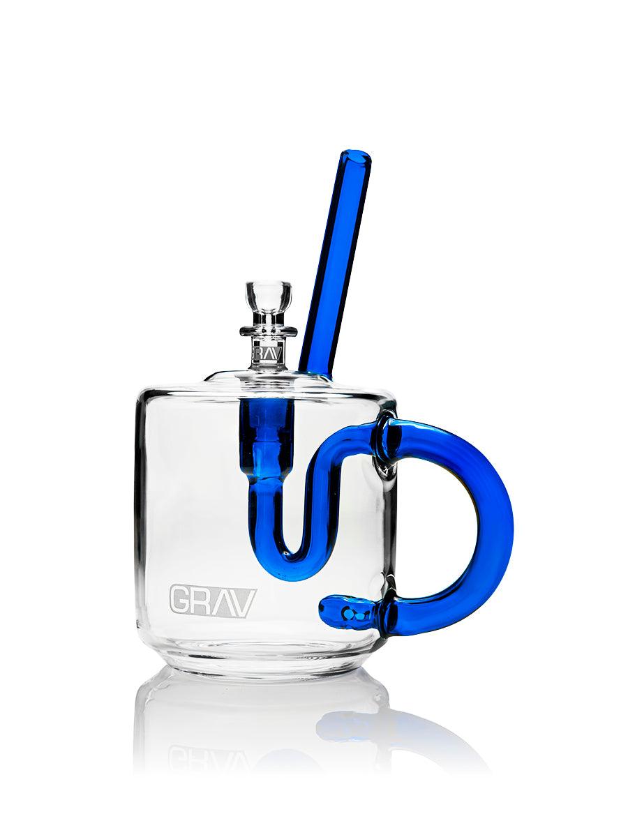 GRAV Coffee Mug Bubbler in assorted colors, compact glass bubbler designed for drinking and smoking, with a sleek mug shape.