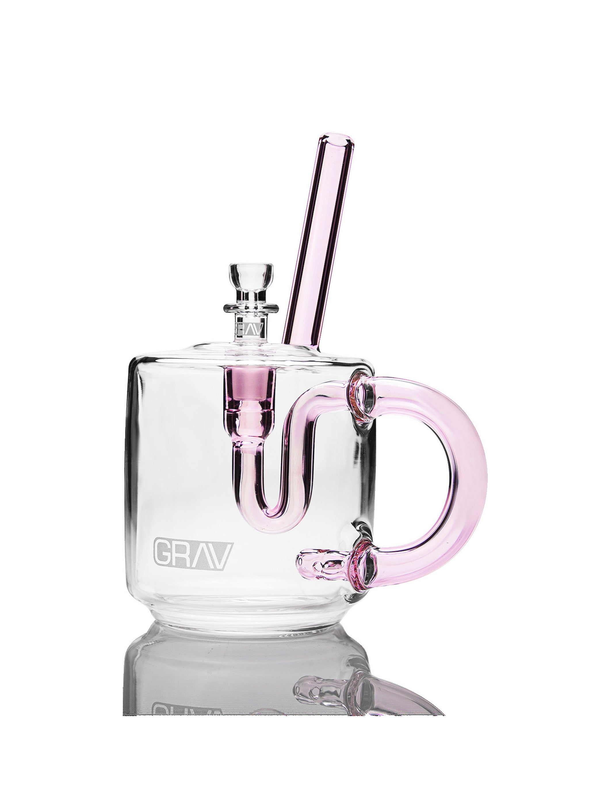 GRAV Coffee Mug Bubbler in assorted colors, clear glass with a built-in bubbler for smoking or vaporizing, compact and stylish.