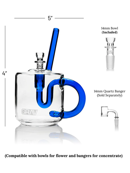 GRAV Coffee Mug Bubbler in assorted colors, featuring a durable glass design with a built-in bubbler for smoking or vaporizing.