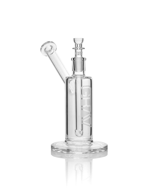 GRAV Medium Upright Bubbler in clear glass with rounded mouthpiece and sturdy base, designed for smooth smoking experience.