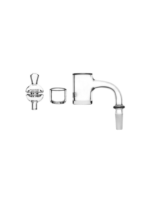GRAV 10mm 90° quartz bucket, inserts, and carb cap set for concentrate vaporization, with clear glass components.