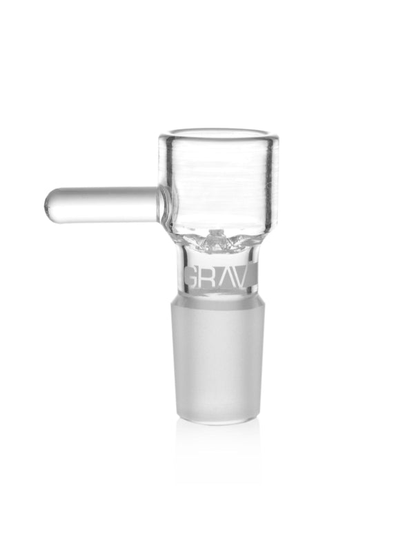 GRAV 19mm male octobowl for flower accessories, showcasing a clear glass bowl with a black rubber joint and intricate design.