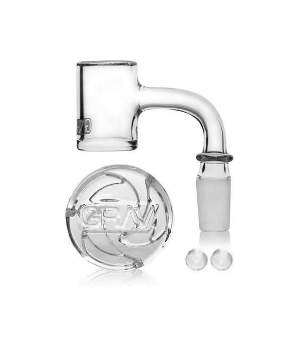 GRAV® 14mm 90° seamless quartz banger set with three durable, heat-resistant dab nails for concentrate vaporization.