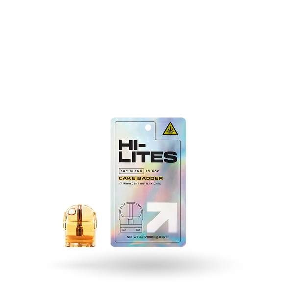 Hi-Lites THC Blend Pod Refill with 2g Cake Badder, cannabis oil pod for vaping, featuring a vibrant design and refillable pod.