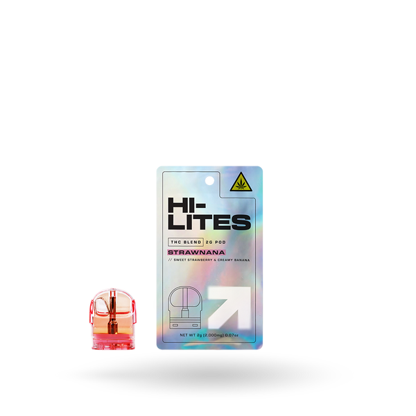 Hi-Lites THC Blend Pod Refill in Strawnana flavor, 2g, featuring a sleek pod design for easy vaping refill.