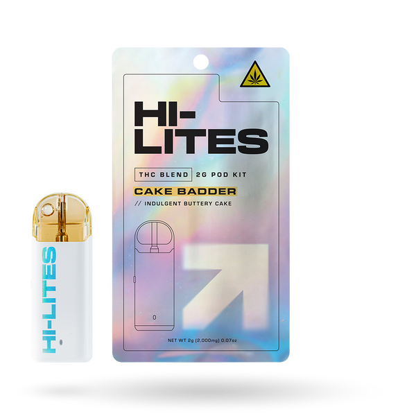Hi-Lites THC Blend Pod Starter Kit with 2g Cake Badder, featuring sleek design and refillable pod system for easy use.