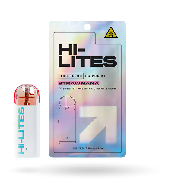 Hi-Lites THC Blend Pod Starter Kit with Strawnana flavor, 2g, featuring a sleek pod device and colorful design.
