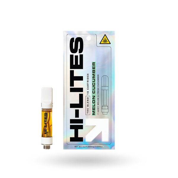 Hi-Lites THC Blend Vape Cartridge in Melon Cucumber flavor, 1g, showing the sleek vape cartridge with colorful label design.