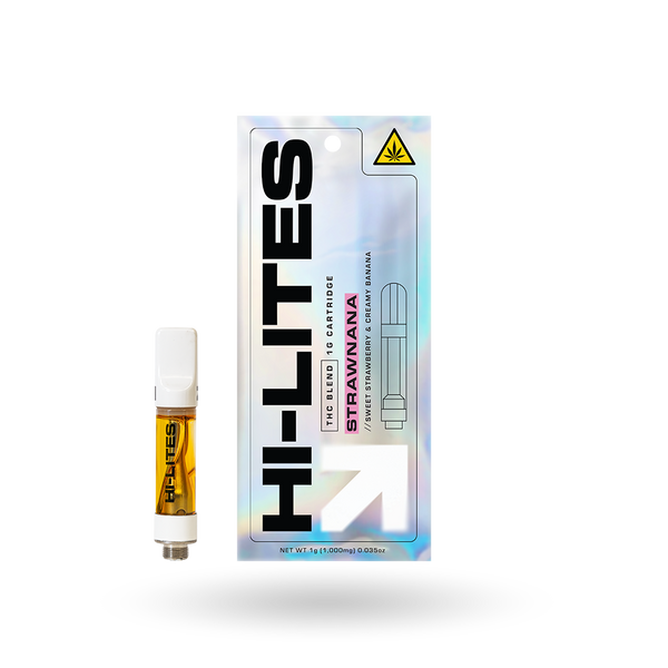 Hi-Lites THC Blend Vape Cartridge with Strawnana flavor, 1g, showing the transparent cartridge filled with vapor and colorful branding.