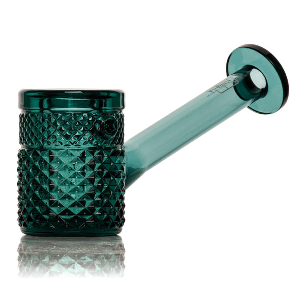 Jane West Twenties Collection teal glass hand pipe with smooth, rounded design and clear glass accents for easy grip.