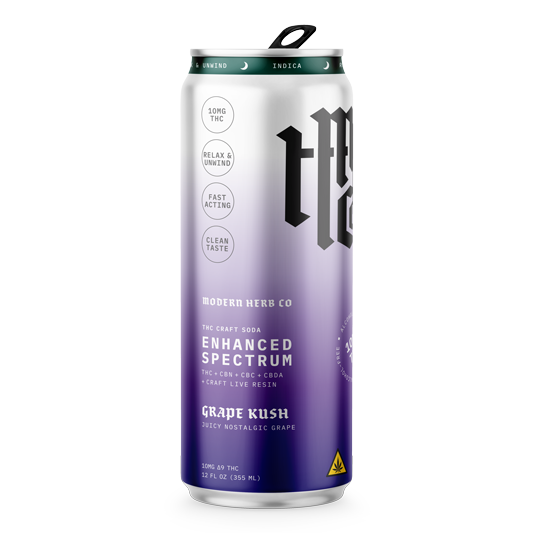 Four 12oz cans of Modern Herb Co Enhanced Spectrum THC Craft Soda Grape Kush Indica flavor, showing colorful soda cans with grape imagery.