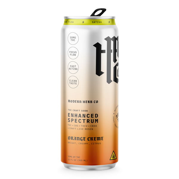 Four 12oz cans of Modern Herb Co's Enhanced Spectrum THC Craft Soda Orange Creme flavor, featuring vibrant orange and cream graphics.