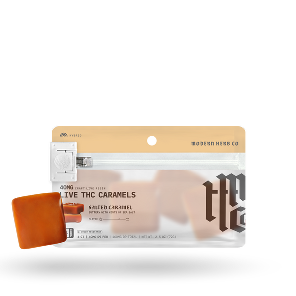 Organic salted caramel delta 9 live resin caramels by Modern Herb Co in a four-piece pouch, showcasing creamy caramel candies.