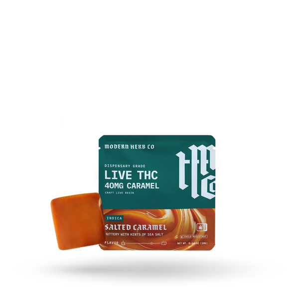 Organic salted caramel treat in a pouch, featuring Modern Herb Co's Live Resin Delta 9 Caramels Knockout with a caramel rendering.