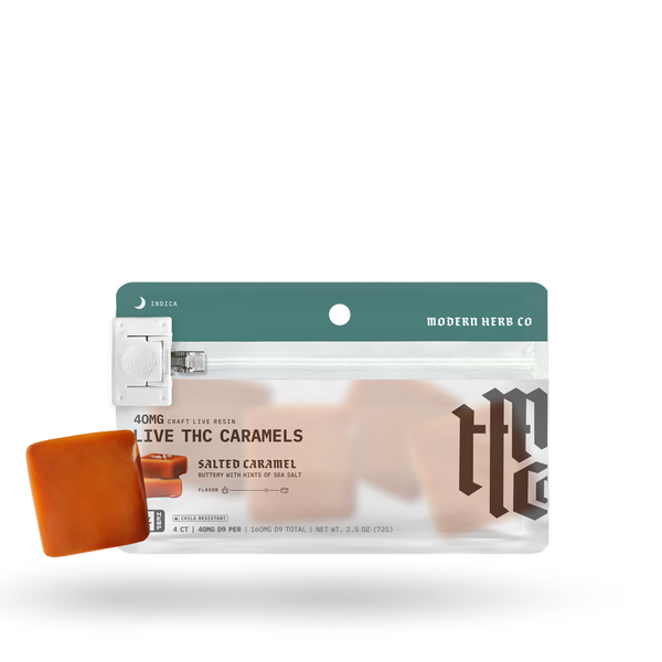 Organic Live Resin Delta 9 Caramels by Modern Herb Co in a pouch, featuring four caramel treats with indica packaging and branding.